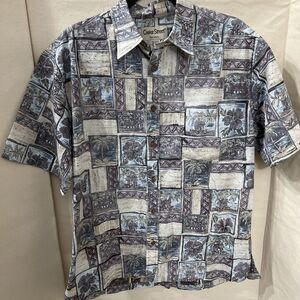 Mens Hawaiian Shirt Medium Cooke Street Short Button‎ Island Aloha Hut Palm Tree
